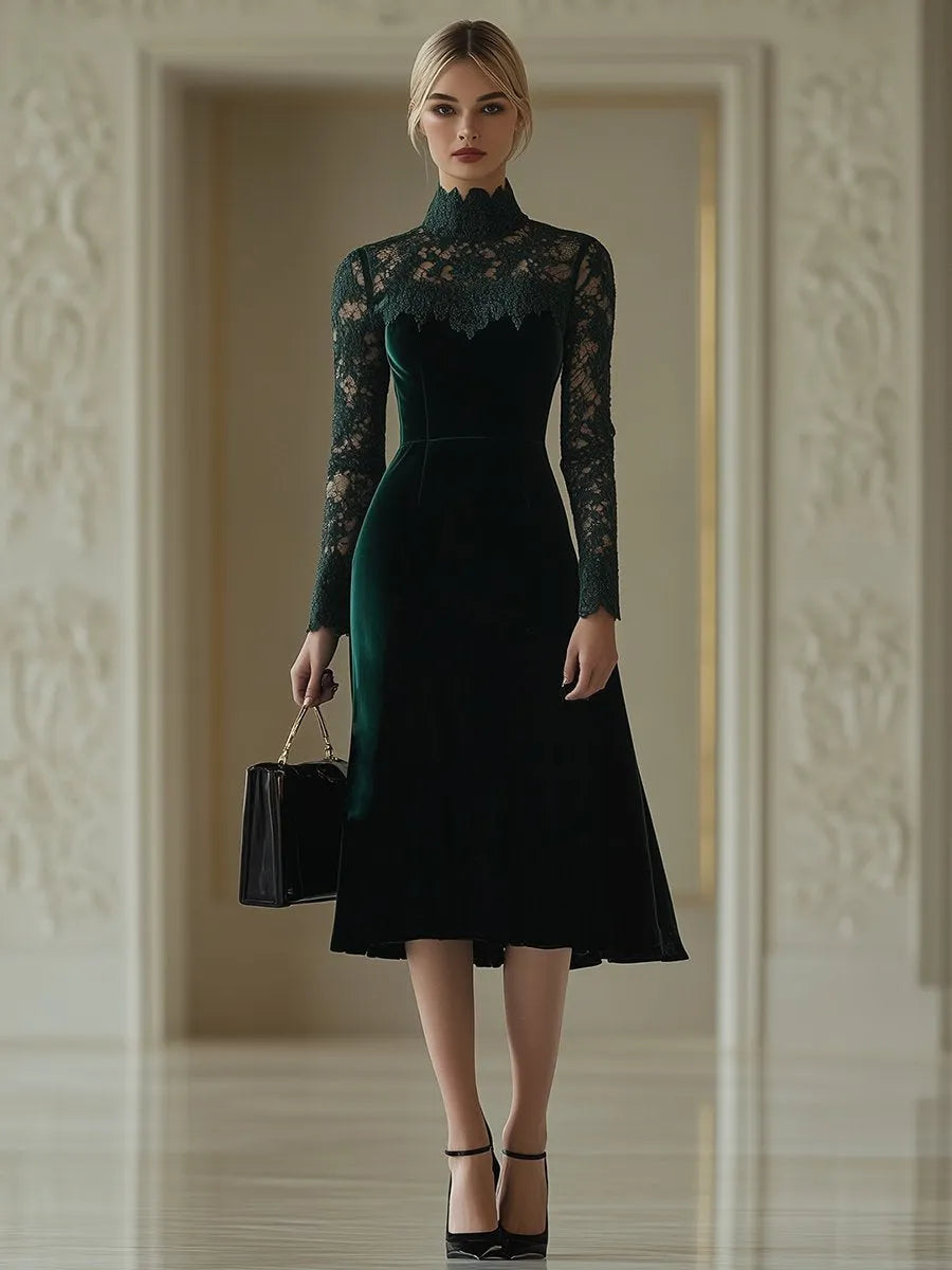 銆�24-hour shipping out銆慐legant Retro Velvet Stitching Lace High Collar Long Sleeve Midi Dress