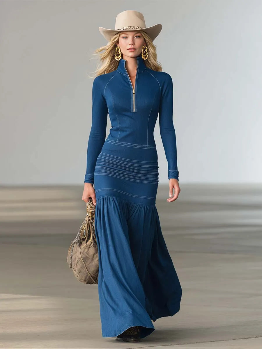 Women Structured Denim Zip Front Long Sleeve Maxi Dress