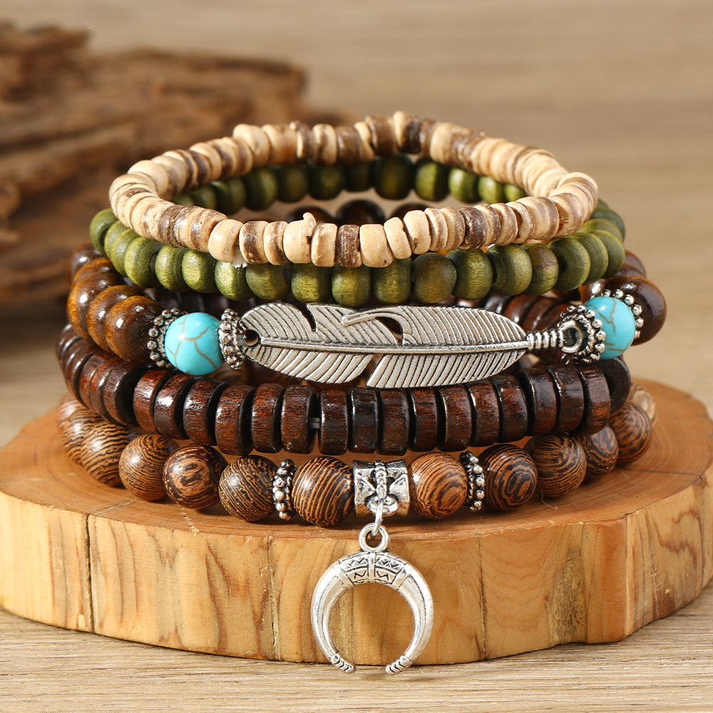 Unisex Simple Fashion Bohemian Style Feather Crescent Wood Beaded Bracelet Hand Jewelry