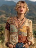 Vintage Bohemian Floral Embroidery Patchwork Long Sleeve Top