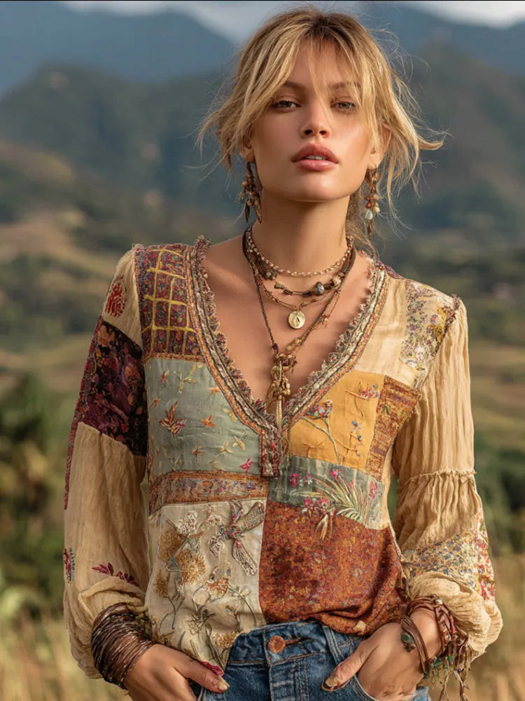 Vintage Bohemian Floral Embroidery Patchwork Long Sleeve Top