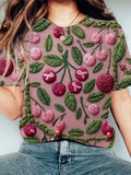 Women's Pink Awareness Cherry Embroidery Printed T-shirt