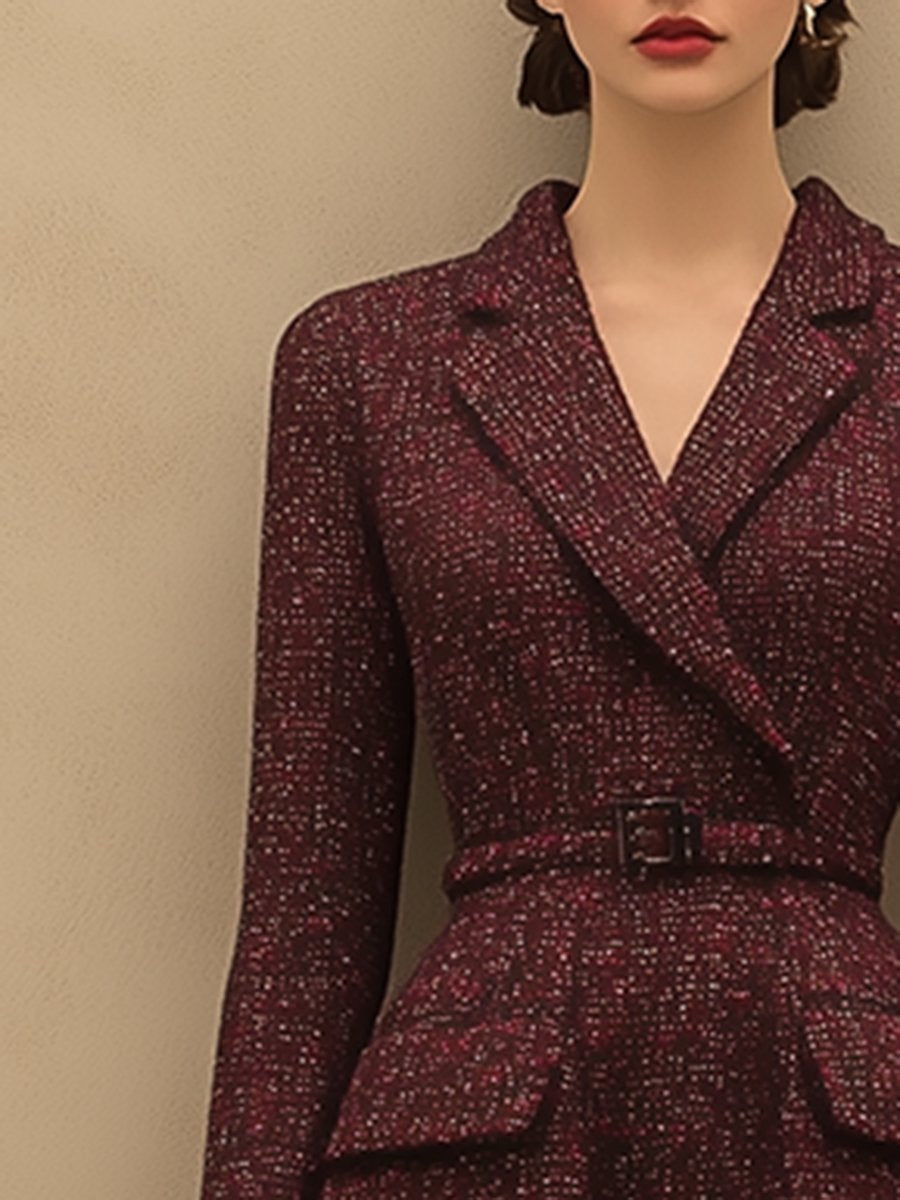 銆�24-hour shipping out銆慥intage Elegant Ankola Red Tweed Lapel Dress