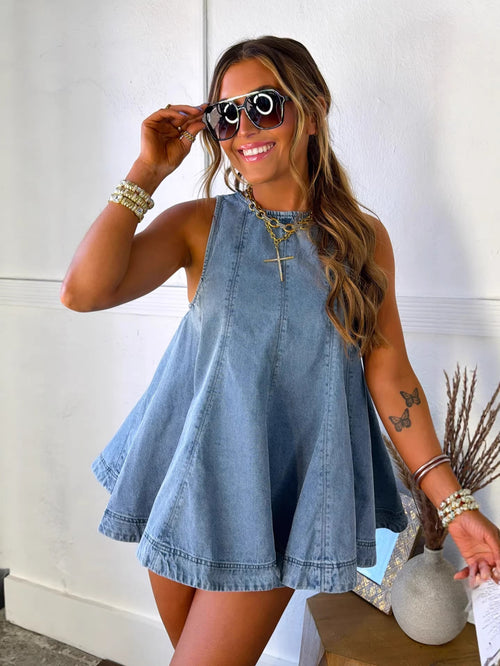 Adventure Awaits Denim Vertical Seam Sleeveless Flare Hem Top and Elastic Waist Pocket Shorts Set