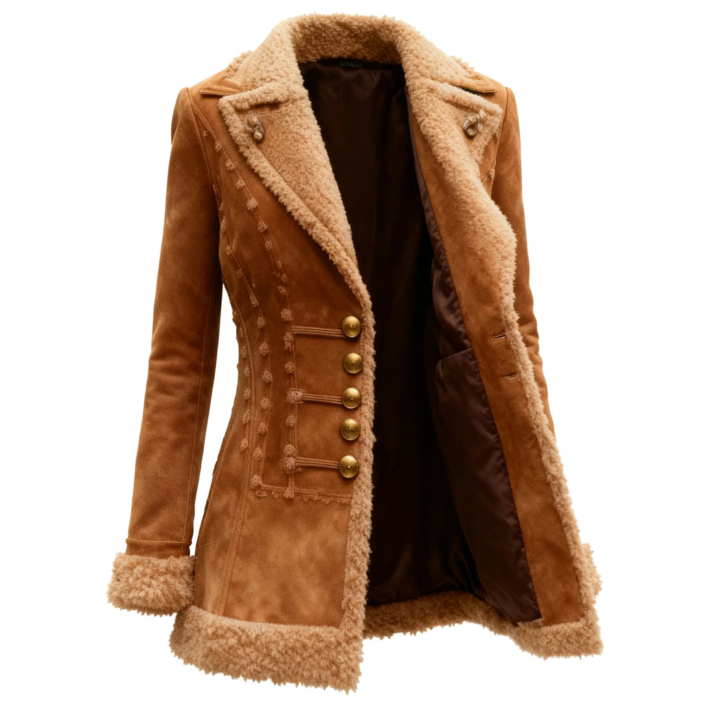 Women's Vintage Button-Down Lambswool Lapel Mid-Length Jacket Top