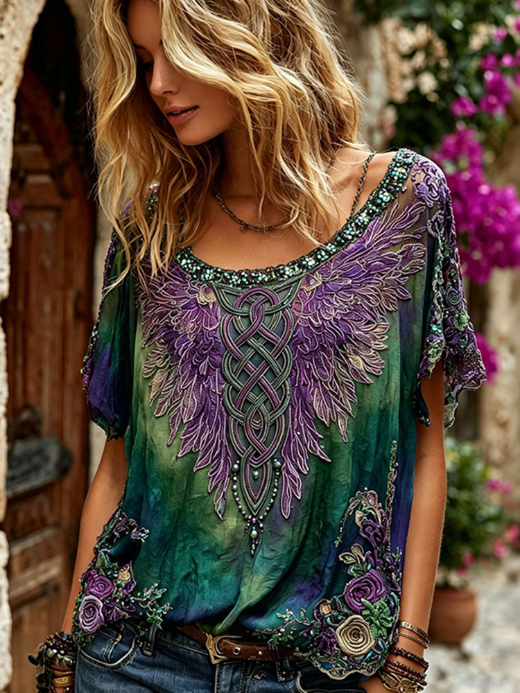 Women's Romantic Floral And Wings Art Linen Blend Round Neck Short Sleeve Tops
