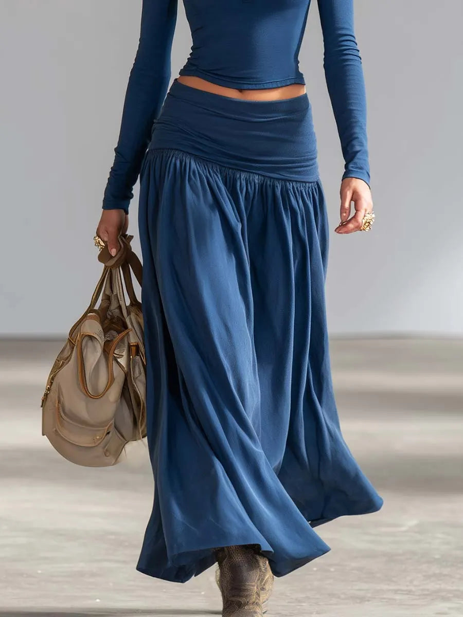 Elegant Sporty Dark Blue Cotton Lapel Zip-front Top And Low-rise Skirt Set
