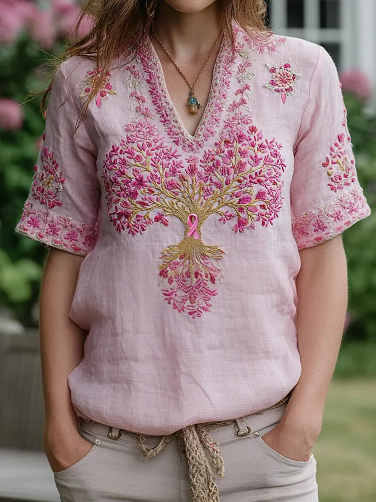 Women's Tree Of Life Breast Cancer Ribbon T-shirt