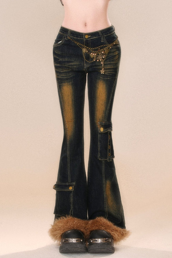 Retro Distressed Fluffy Denim Bell Bottom Pants