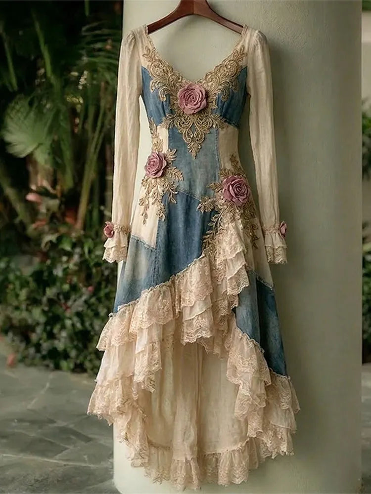 Women's Spring Elegant Flowers Patchwork V Neck Irregular Ruffle Midi Dress