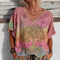 Women's Cancer Awareness Ribbon And Tree Of Life Gradient V Neck Boho Art Casual Shirt