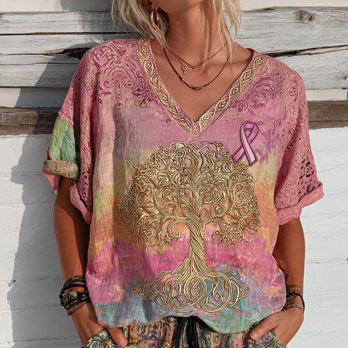Women's Cancer Awareness Ribbon And Tree Of Life Gradient V Neck Boho Art Casual Shirt