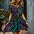 Women's Purple Rose Art Embroidered Linen Blend Round Neck Mini Dress