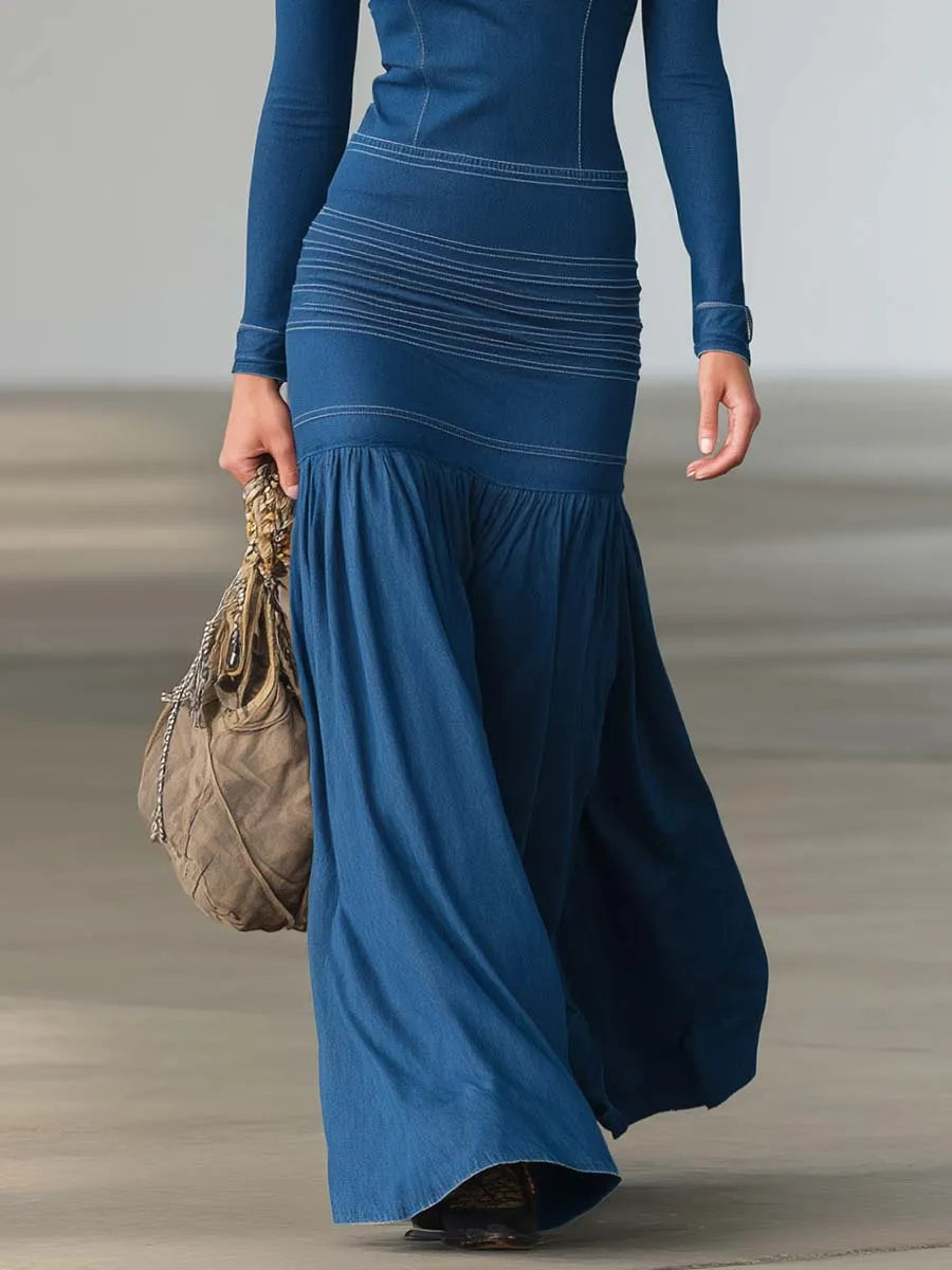 Women Structured Denim Zip Front Long Sleeve Maxi Dress
