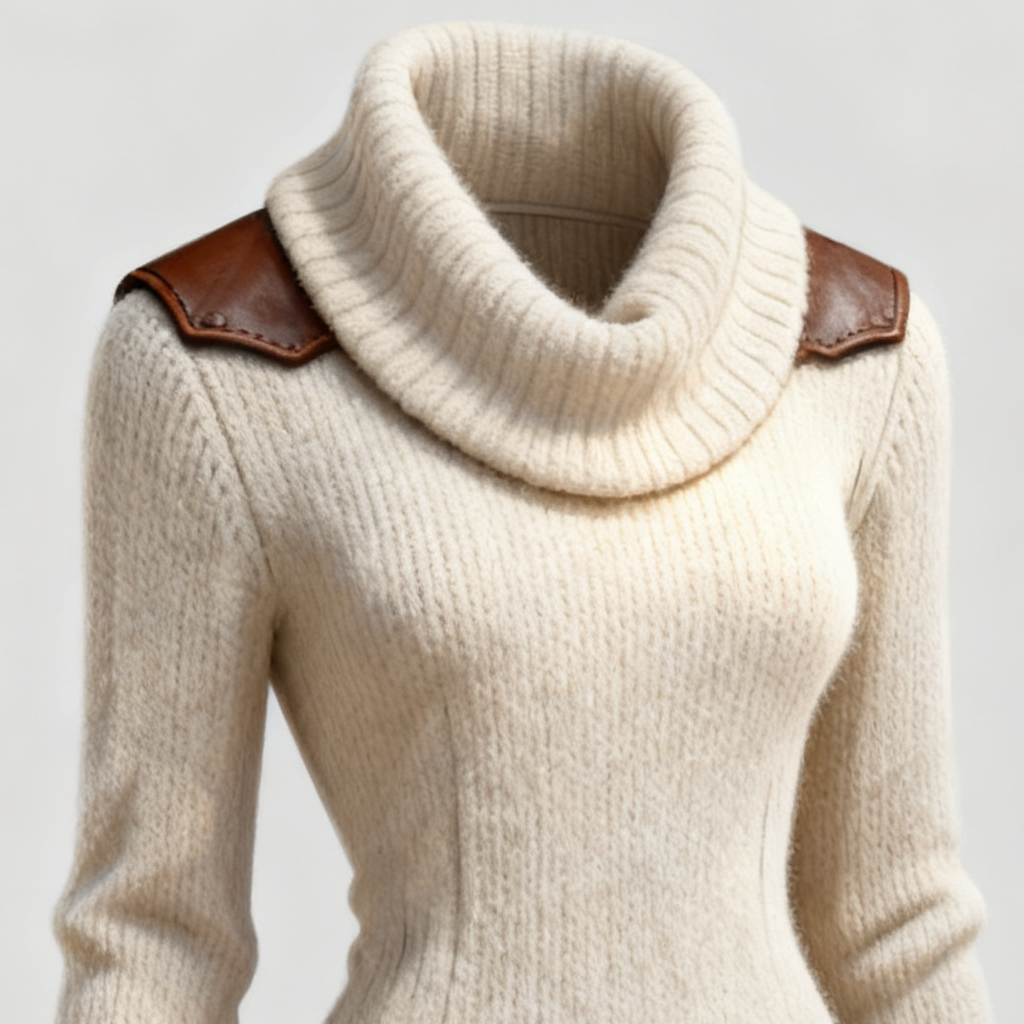 Women's Vintage Cream High Neck Knitted Dress With Leather Accents