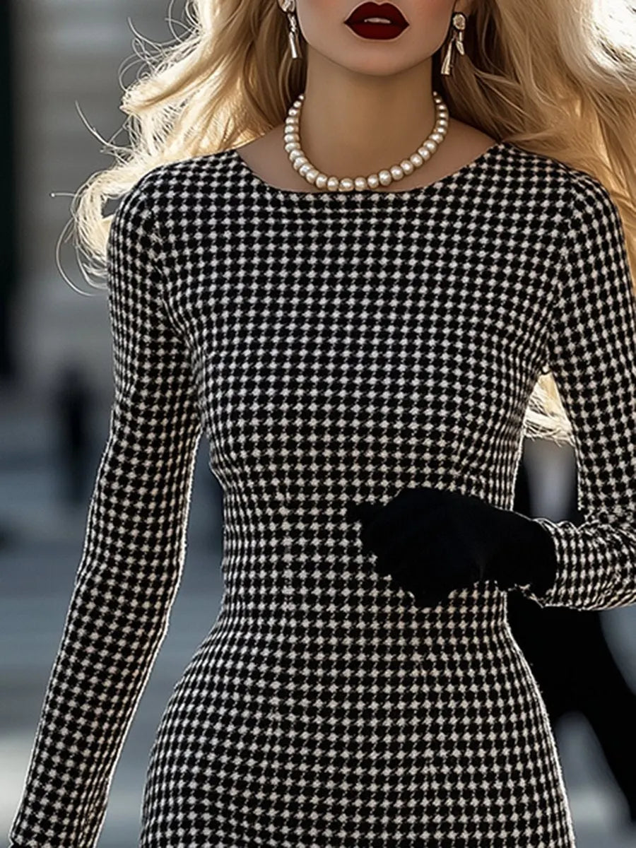 銆�24-hour shipping out銆慠etro Elegant High-End Round Neck Houndstooth Dress