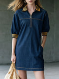 Casual Retro Striped Ribbed Mid-sleeve Dark Blue Denim Mini Dress