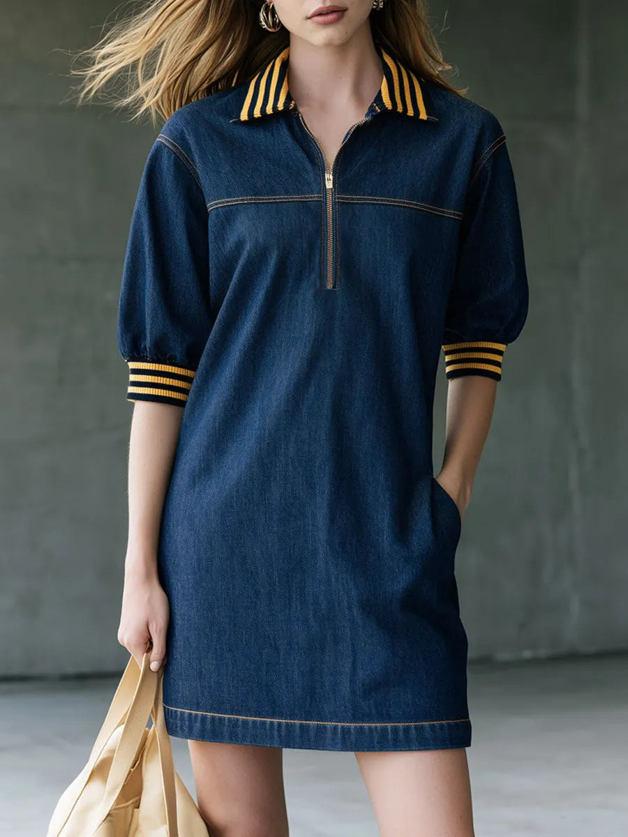 Casual Retro Striped Ribbed Mid-sleeve Dark Blue Denim Mini Dress