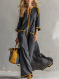 Elegant Urban-Style Trimmed Grey Cotton-Linen Maxi Dress