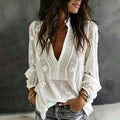 Women's Romantic White Rose Art Linen Blend Long Sleeve Tops