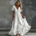 Women's Vintage White Rose Floral Art Linen Blend V Neck Maxi Dress