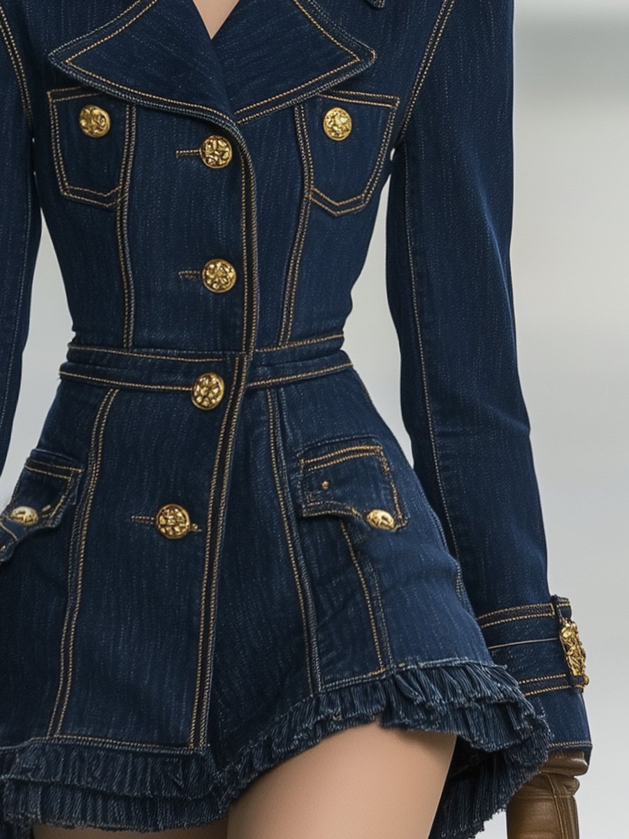 銆�24-hour shipping out銆慍lassic and Playful Large Lapel Ruffled Hem Waist Denim Mini Dress