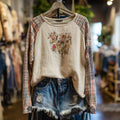 Retro Boho Floral With Plaid Patchwork Pattern Women's Top