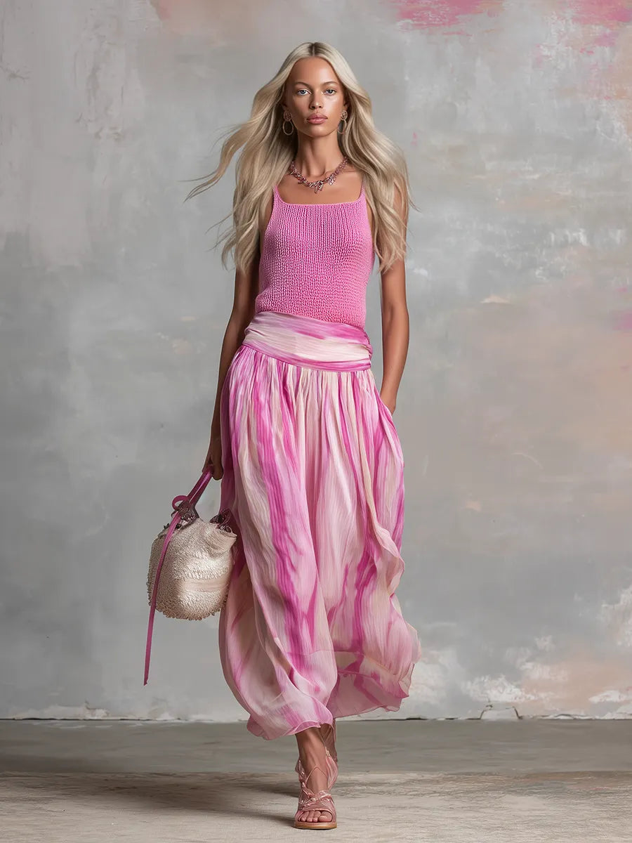 Retro-style Knitted Camisole Top And Printed Chiffon Skirt Set