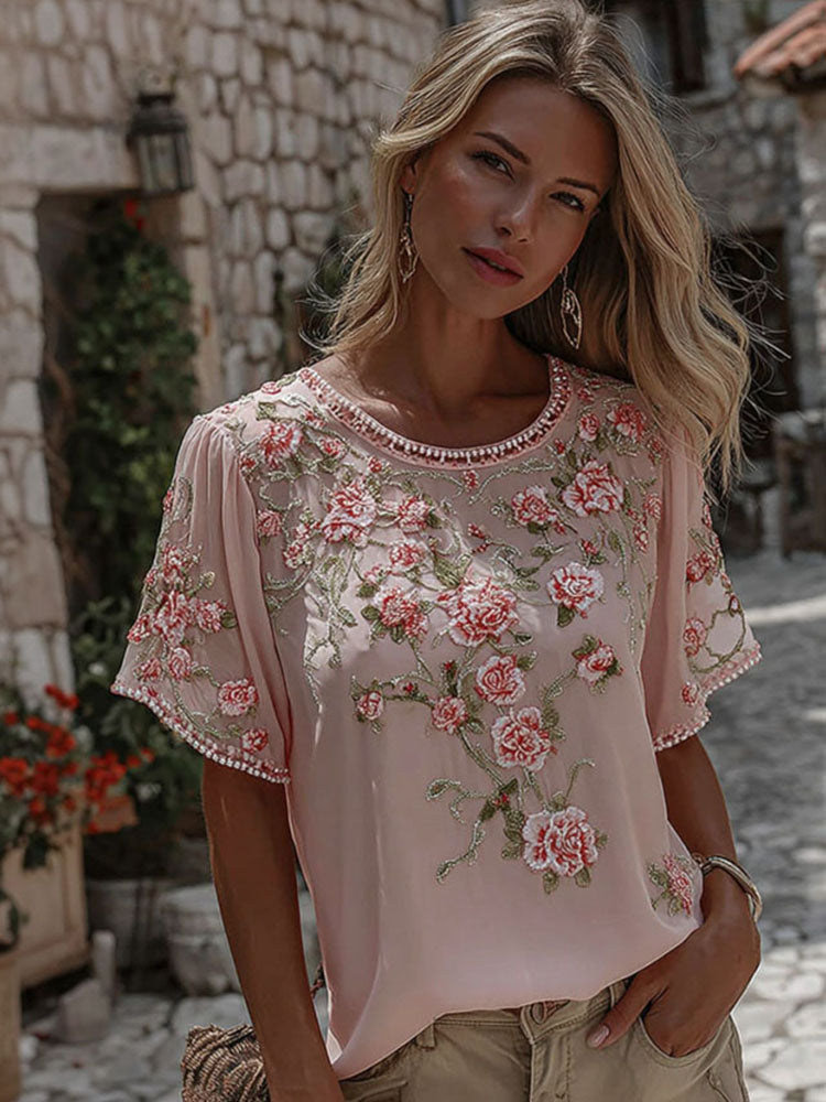 Women's Floral Vine Art Embroidery Cotton Linen Round Neck T-shirt
