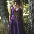 Nordic Myth Purple Tree Of Life Embroidered Women's Linen V-neck Vest Maxi Dress