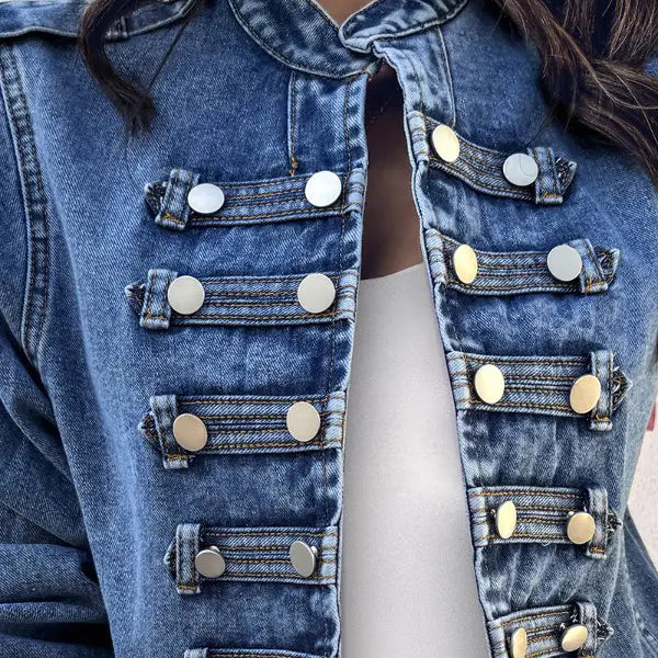 Women's Stand Collar Long Sleeve Metal Buttons Denim Jacket