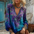 Women's Floral Embroidery Gradient Art Casual Linen Blend V-neck T-shirt