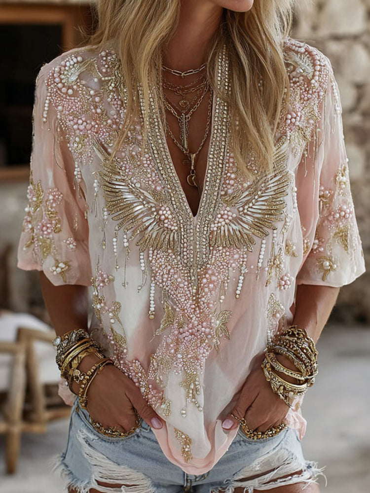 Women's Vintage Wings Embroidered Short Sleeve Casual T-shirt