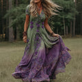 Women's Vintage Floral Gradient Art V Neck Maxi Dress
