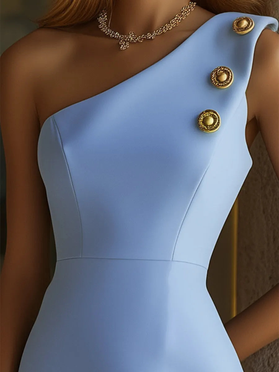 銆�24-hour shipping out銆慦omen's Blue Off-shoulder Hip-wrapped Dress With Gold Buttons