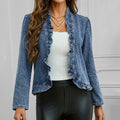 Women's Casual Ruffled Open Front Long Sleeve Denim Cropped Jacket