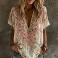 Women's Rose Floral Embroidery Printing Cotton V  Neck T-shirt
