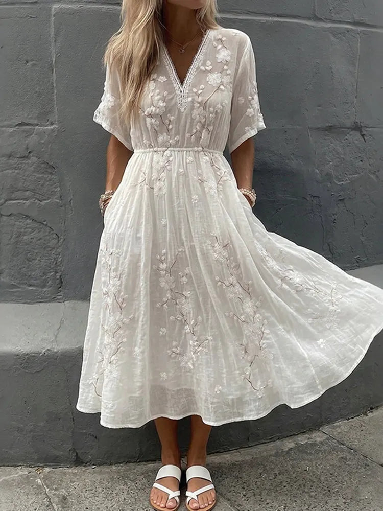 Women's Vintage Floral Art Embroidery Cotton Linen Dress