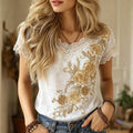 Women's Retro Floral Embroidery V-neck T-shirt
