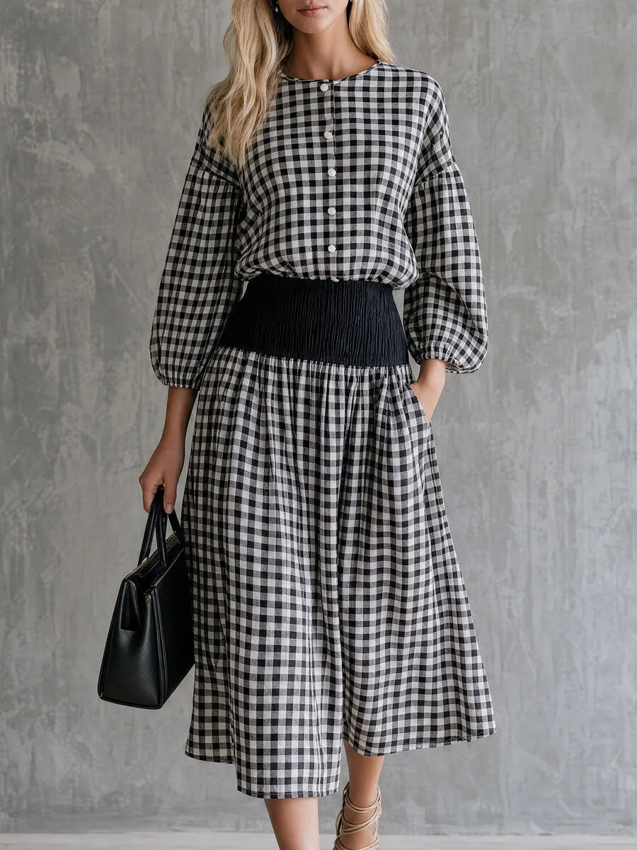 Casual Retro Black And White Checkered Crew Neck Button-down Shirt And Skirt Set