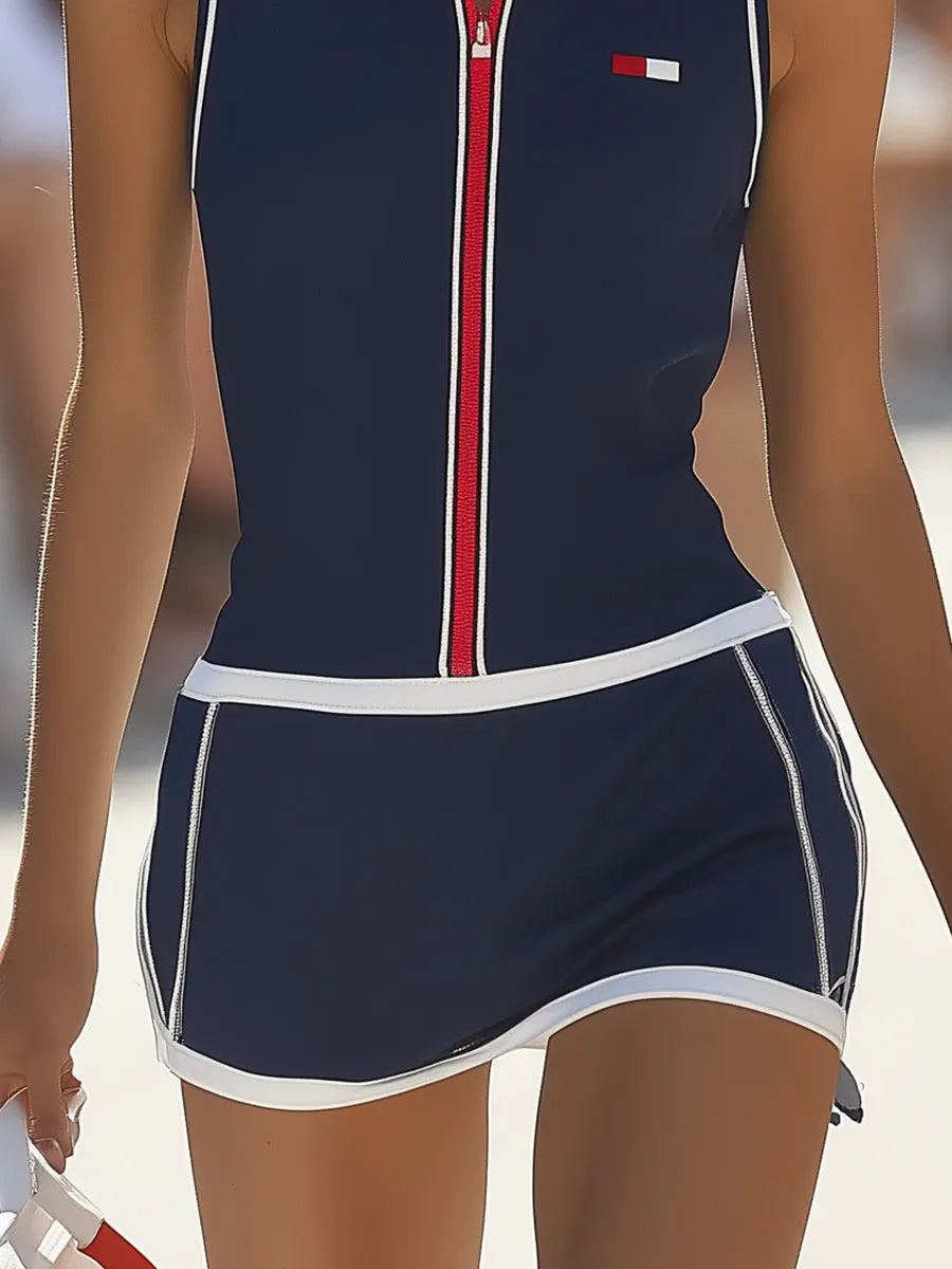 Fashion Retro Lapel Zipper Navy Blue Sleeveless Mini Dress