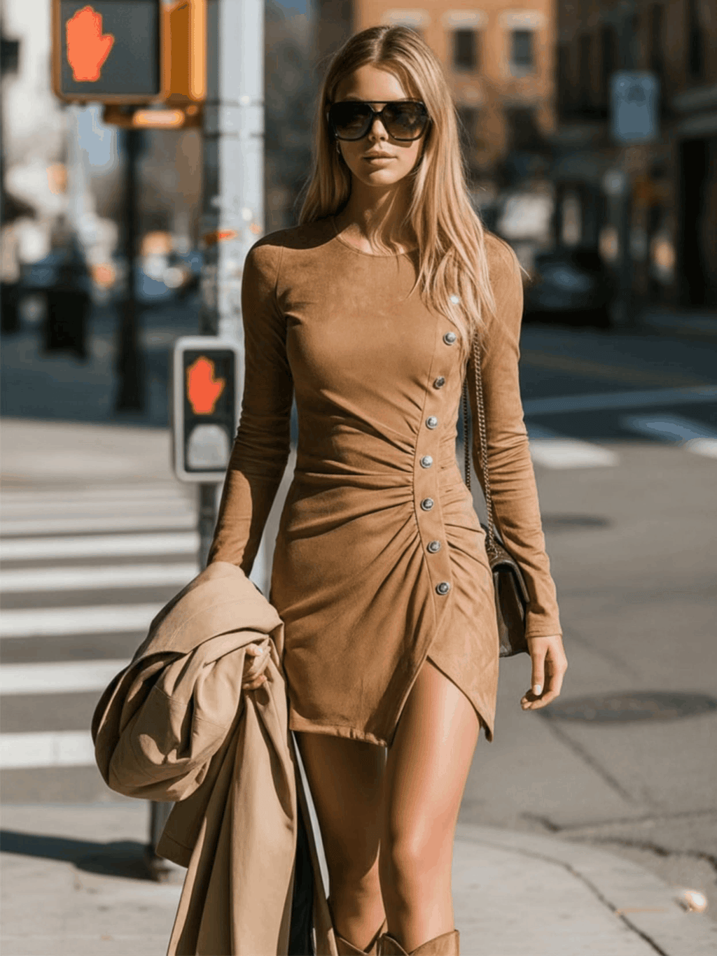 Retro Brown Long-sleeved Round Neck Button-down Slit Faux Suede Mini Dress