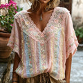 Vintage Floral Embroidered And Lace Art Splicing Lightweight Cotton Linen V-neck Short Sleeve Top