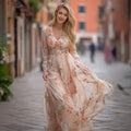 Women's Floral Art Print Linen V-neck Long Sleeve Dress