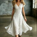 Women's Vintage Romantic White Floral And Wings Art Linen Blend V Neck Maxi Dress