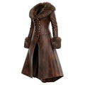 Women's Retro Style Leather Irregular Design Double-Breasted Mid-Length Coat Fur Collar Lapel Jacket Coat