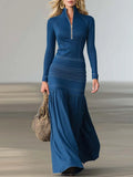 Women Structured Denim Zip Front Long Sleeve Maxi Dress