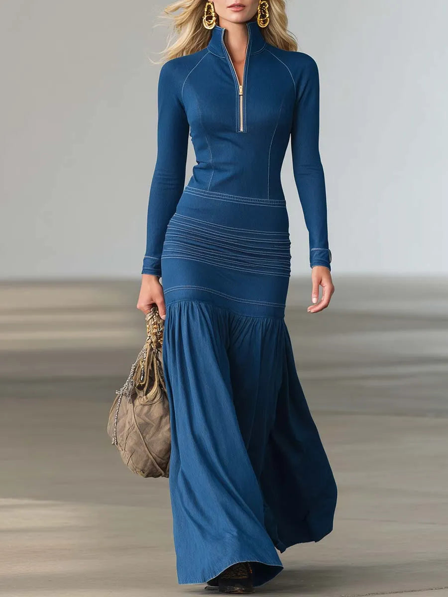 Women Structured Denim Zip Front Long Sleeve Maxi Dress