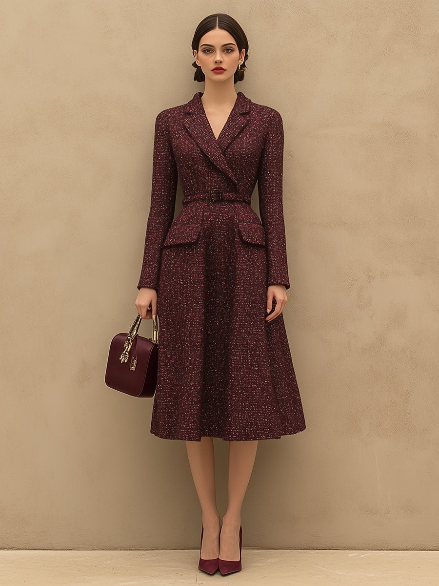 銆�24-hour shipping out銆慥intage Elegant Ankola Red Tweed Lapel Dress