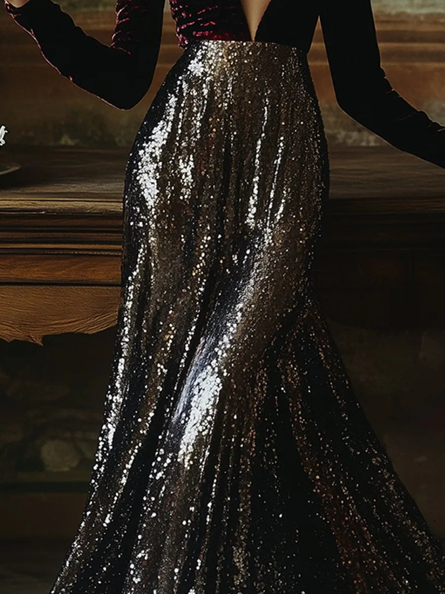 銆�24-hour shipping out銆慥-Neck Stylish Elegant Solid Color Velvet Sequined Long Maxi Dress